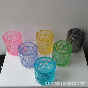 Tarro de vela de vidrio coloreado con diseño de diamante único